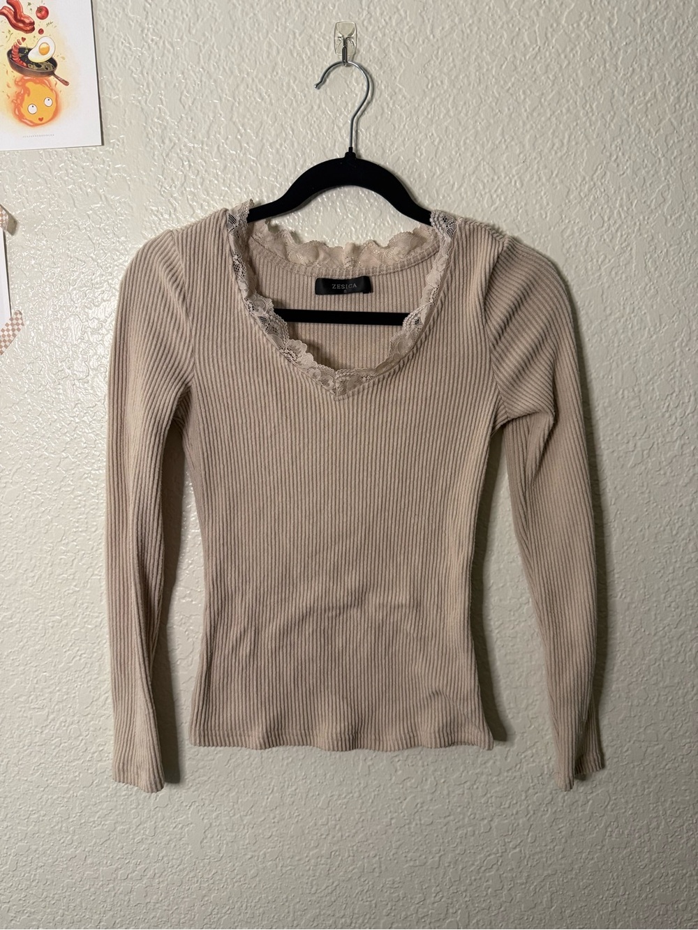 Ribbed Lace-Trim Long-Sleeve Top in Light Beige